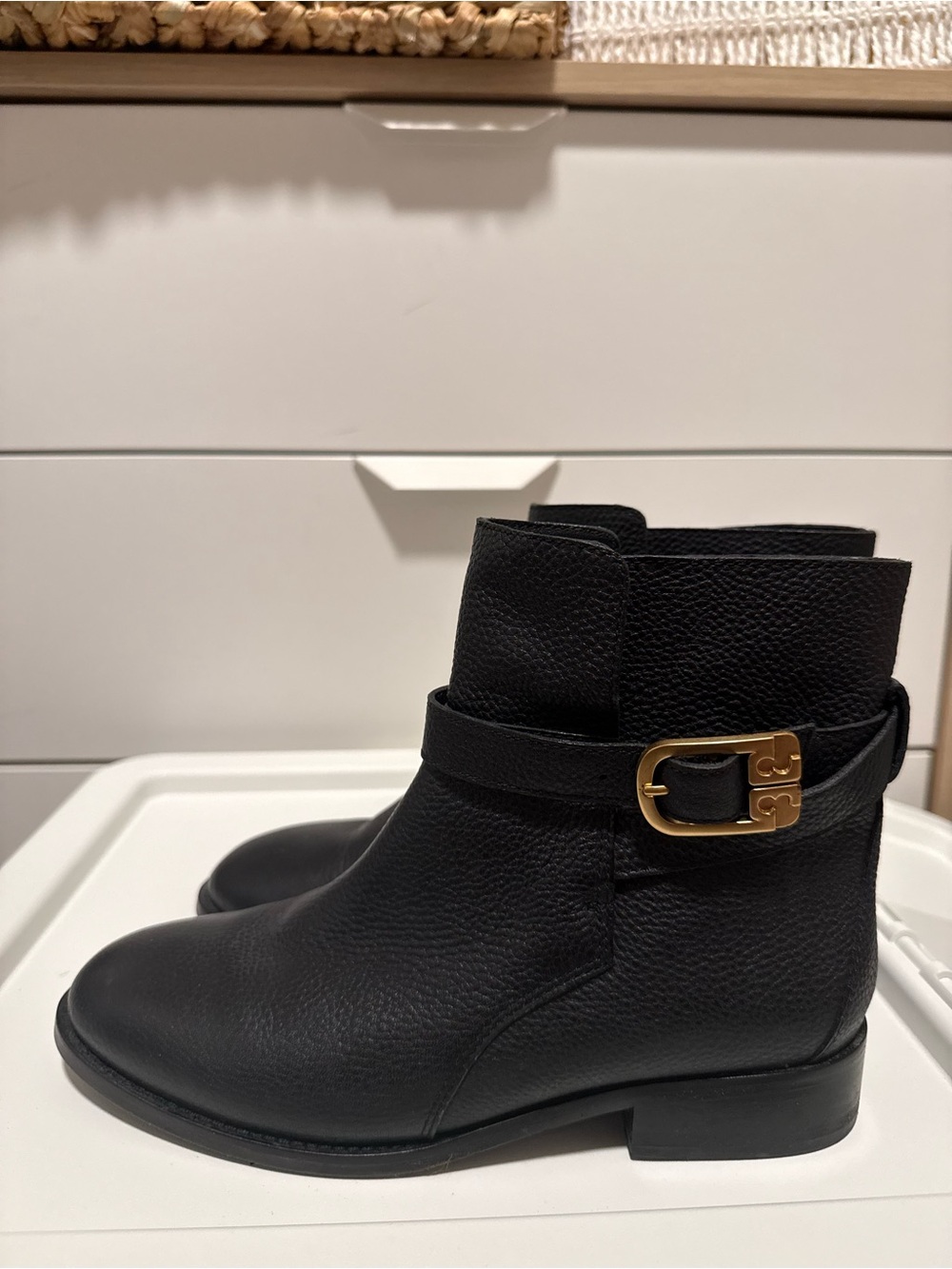 Tory Burch Black Leather Ankle Boots with Gold Buckle